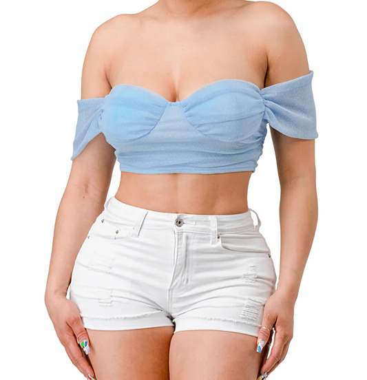 POWDER BLUE PLEATED MESH TOP